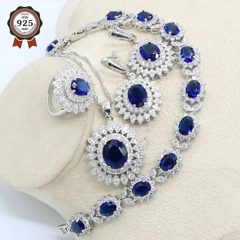 Natural Blue Zircon White Crystal Silver Color Jewelry Sets For Women Party Earrings/Pendant/Necklace/Rings/Bracelet