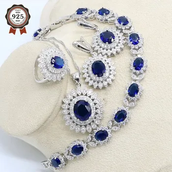 Natural Blue Zircon White Crystal Silver Color Jewelry Sets For Women Party Earrings/Pendant/Necklace/Rings/Bracelet