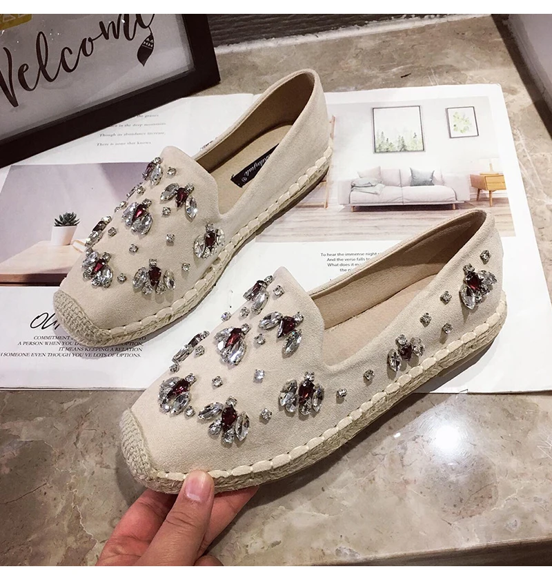 Fashion Hemp Loafers Women Espadrilles Flats Shoes Sewing Rhinestone Round Toe Ladies Casual Moccasins Slip On Brand Style New
