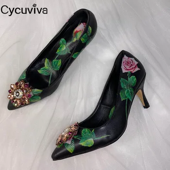 

Sexy Thin Heels Party Shoes Women Flower Printed Women Pumps Point Toe Mules Slip On Ladies Shoes Large Size Crystal Dress Shoes