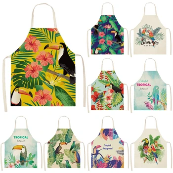 

1Pcs Color Bird Pattern Cleaning Art Green Aprons Home Cooking Kitchen Apron Cook Wear Cotton Linen Adult Bibs 53*65cm WQ0170