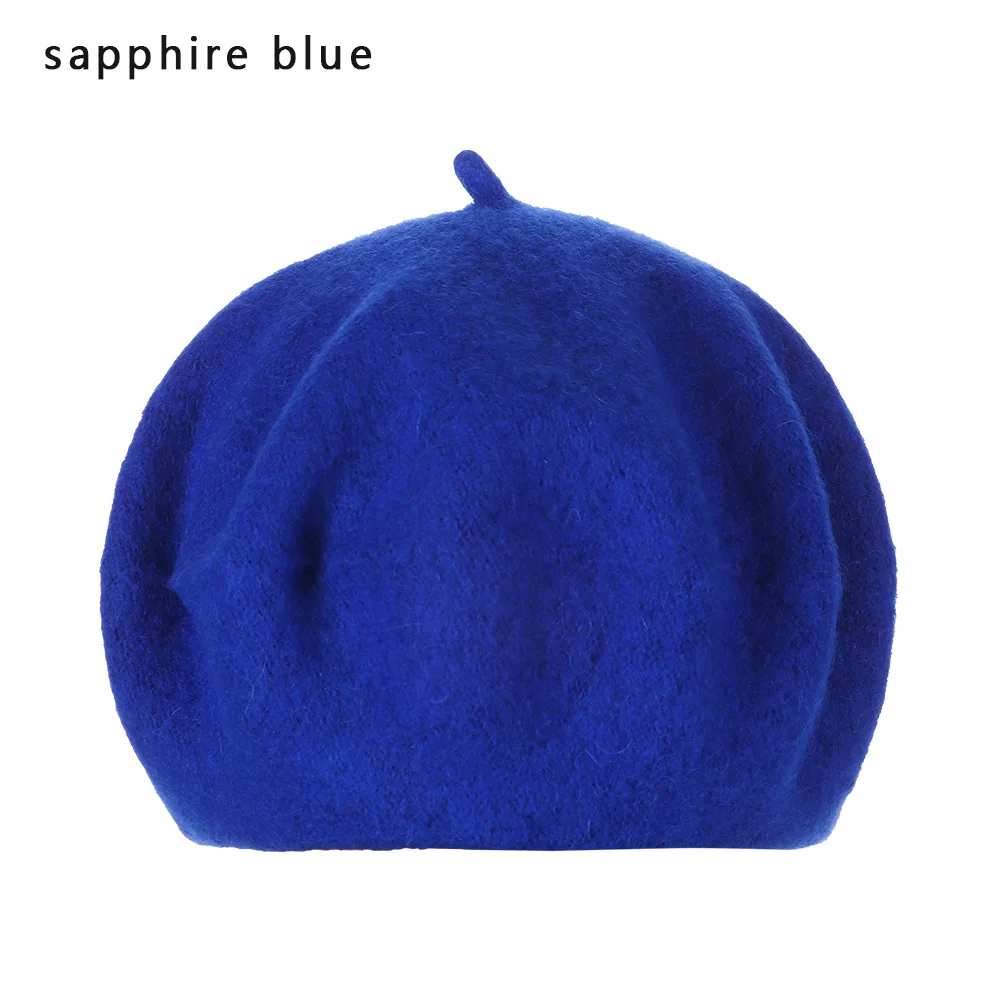 sapphire blue 1 шт., новинка, Модный женский шерстяной берет для девочек, шапка, французский однотонный цвет, фетровые береты, зимняя теплая мешковатая шапочка, Классическая фетровая шапка с тыквой - Цвет: sapphire blue