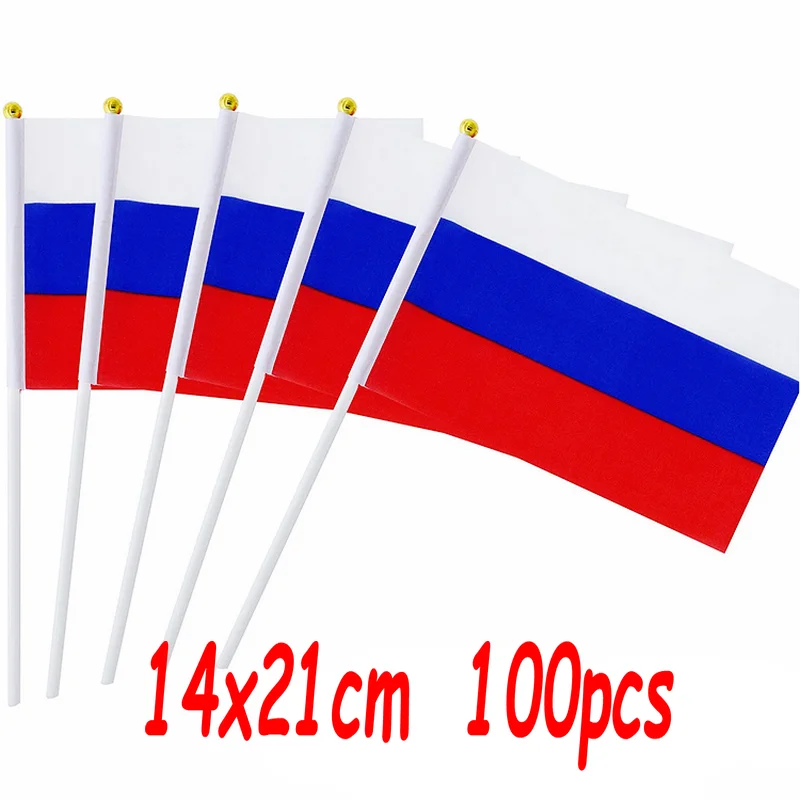 

ZXZ 100 шт. Российский национальный ручной флаг 14x21 см полиэстер двусторонний Печатный рус российский ручной флаг с пластиковым флагом