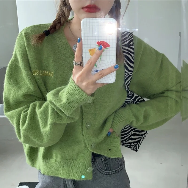 Женский вязаный кардиган с вышивкой алфавита V-образным вырезом и длинным