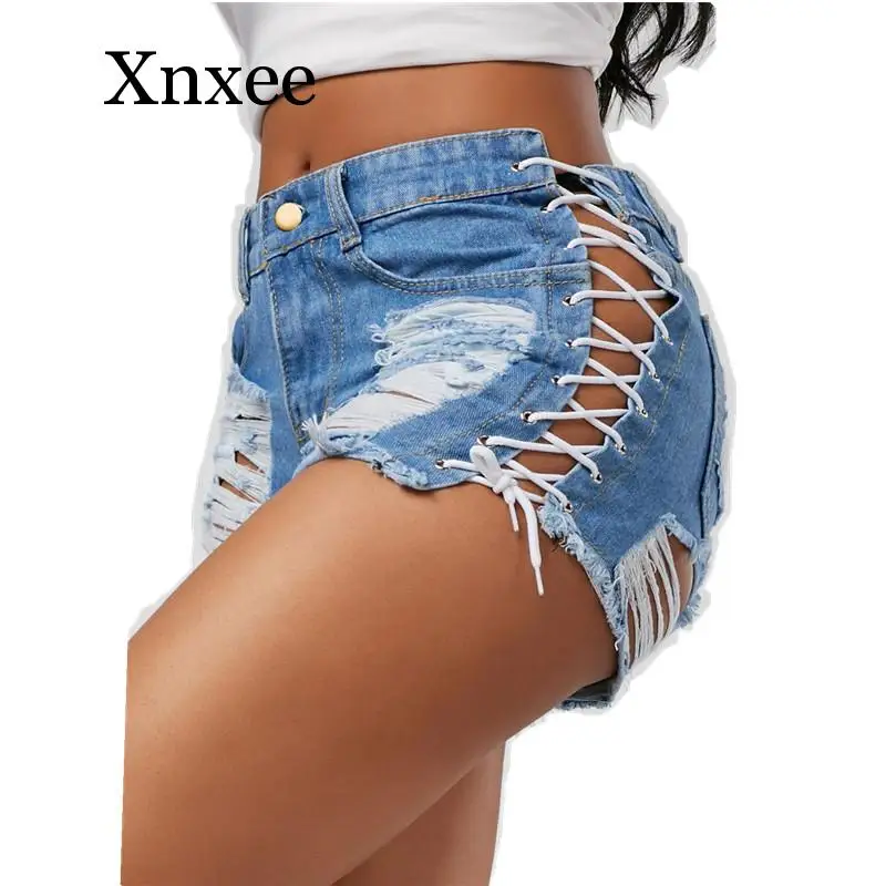 Blue Sexy Summer Denim Shorts Women Feminino Ripped High Waist Mini Shorts Solid Lace Hole Short Women Sexy Bandage Jeans Shorts