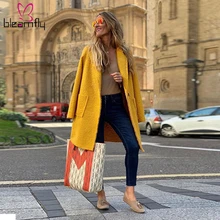 Желтое шерстяное пальто Женская мода осень зима длинный свободный плюшевый Карманный длинный рукав Повседневная женская элегантная Толстая теплая верхняя одежда