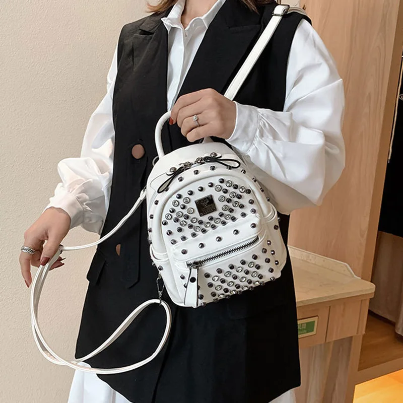 

Fashion Rhinestones Small Backpacks Female Brand Leather Shoulder School Bags Women Mini Backpack New Punk Style Rivet Backpacks
