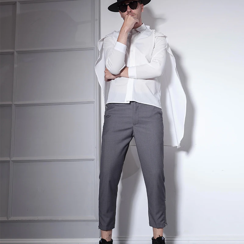 Japanese and South Korean version of trendy men's nine-point trousers zipper slim casual pants South Korea grey casual fall retr Japanese and South Korean version of trendy men's nine-point trousers zipper slim casual pants South Korea grey casual fall retr