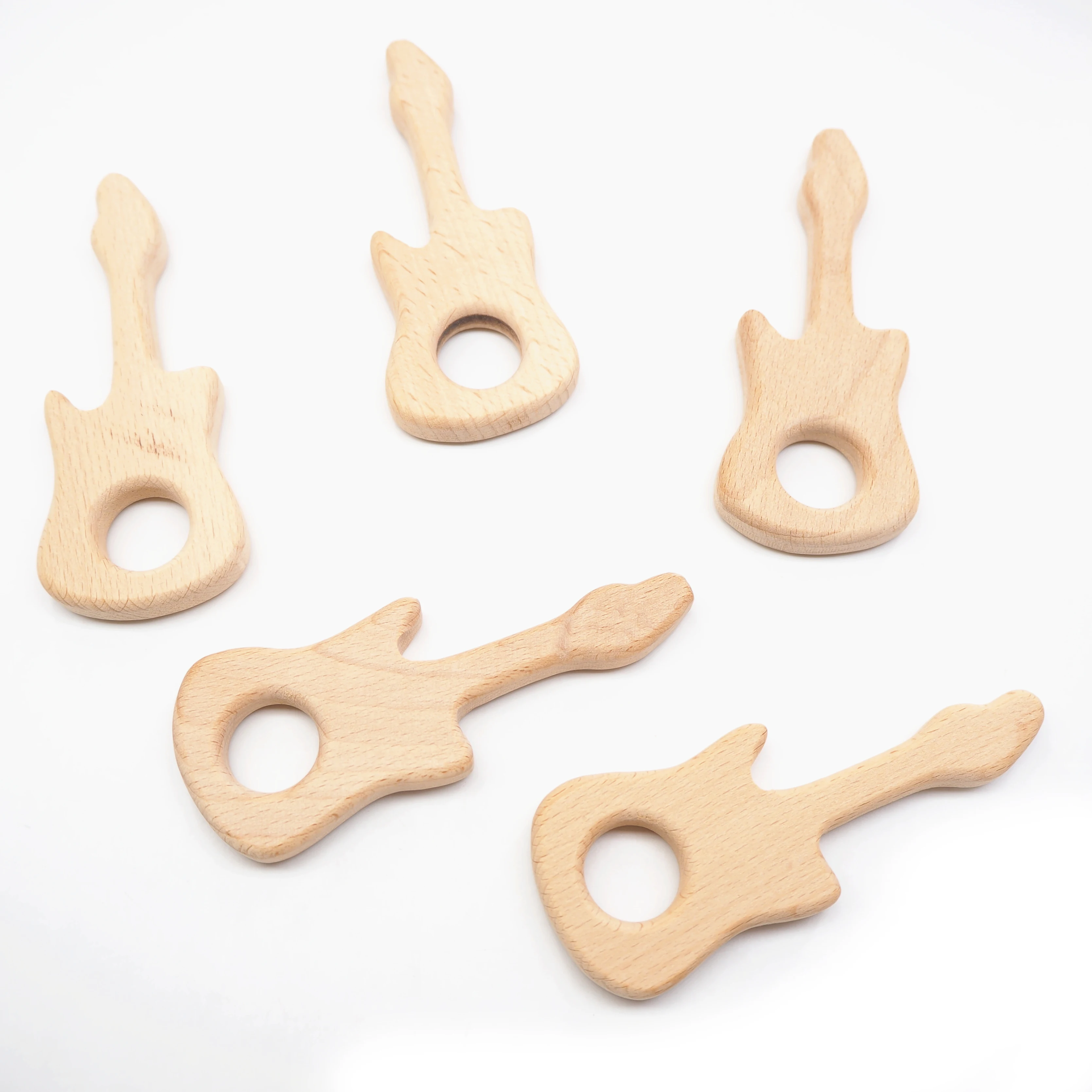 Chenkai 10pcs Guitar Wooden Teether Ring Nature Baby Rattle Grasping Toy DIY Organic Eco-friendly Wood Teething Accessories