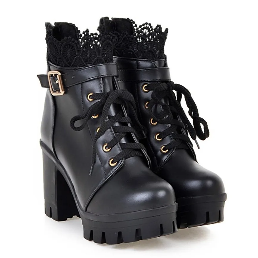 Ботинки на высоком каблуке женские ботильоны на высоком толстом каблуке со шнуровкой Уличная обувь на платформе со шнуровкой, Botines Mujer Invierno A1