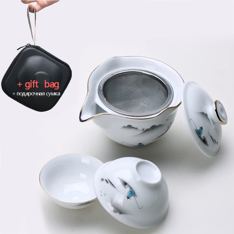 Белый чайник gaiwan чашки дорожный пакет китайский кунг-фу чайный набор яркая
