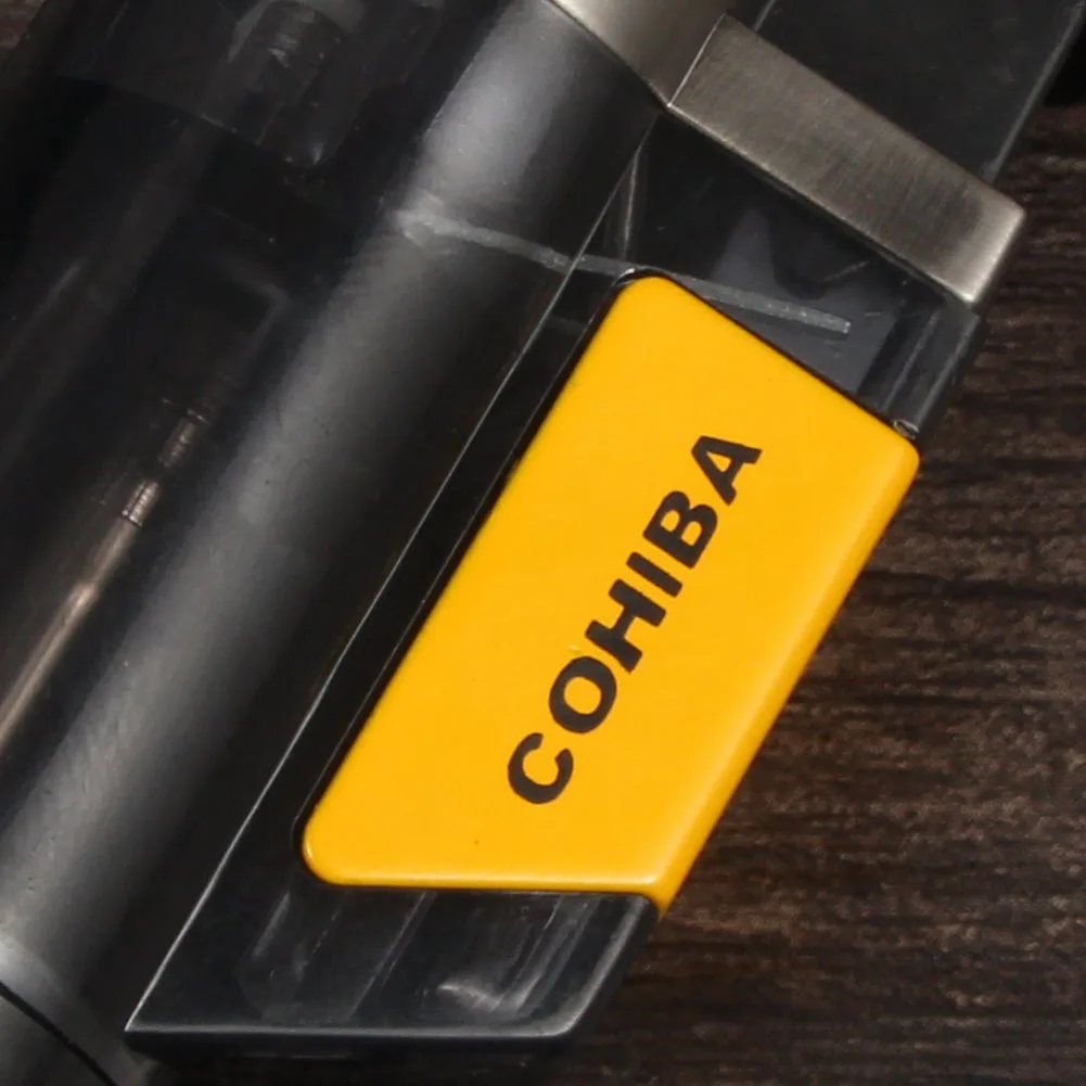 COHIBA пластиковые зажигалки бутан карманные ветрозащитные зажигалки для сигар фонарь 3 струйный газовый прикуриватель металлический портативный W/Подарочная коробка