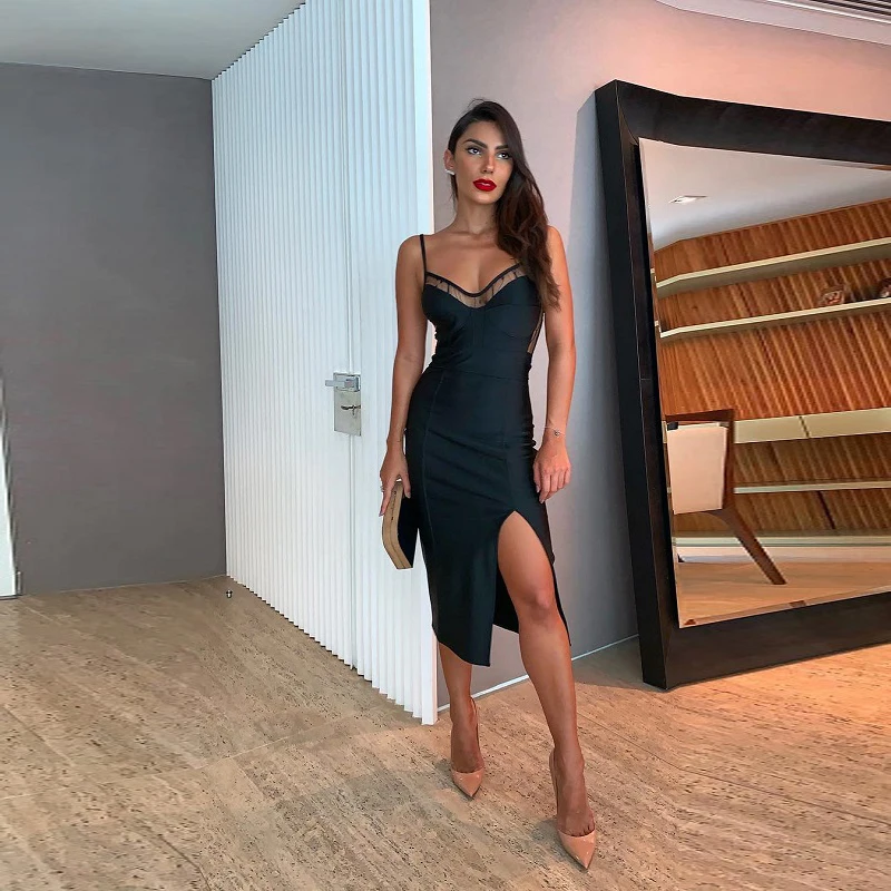 

Sexy Fashion Black Dress V Neck Backless Spaghetti Strap Midi Dress Women Sleeveless Bandage Dress Women Vestidos Wholesale 2019
