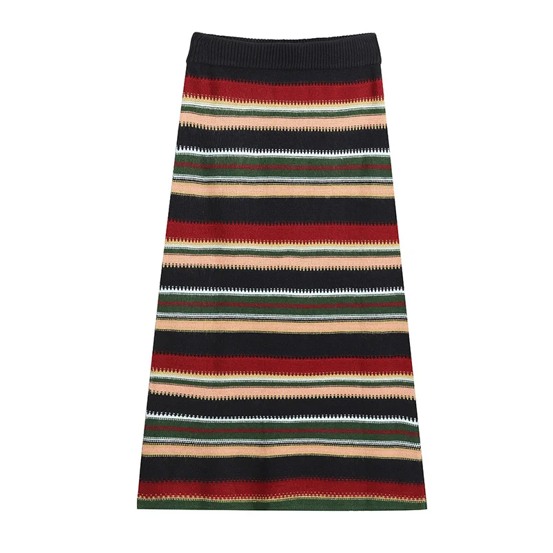 SAM'S TREE, цветные полосатые вязаные юбки-карандаш для женщин, осень, черные однотонные юбки в Корейском стиле, повседневные офисные женские юбки - Цвет: Многоцветный