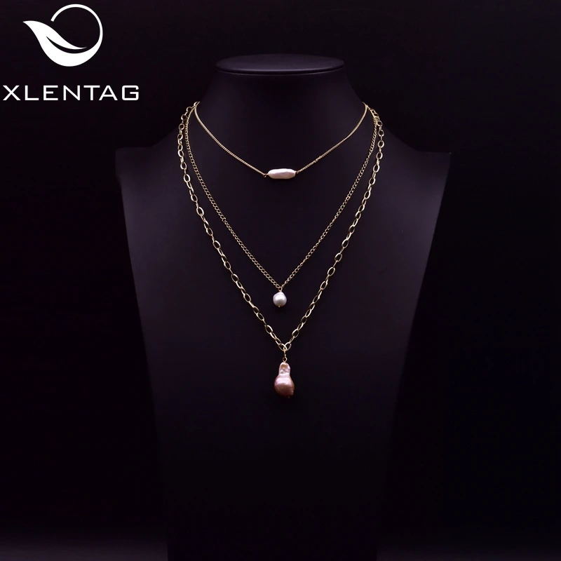 XlentAg Luxury Multi-layered Chains Natural Pink White Baroque Pearl Custom Pendant Necklaces Heart Fashion Women Jewelry GN0198 | Украшения