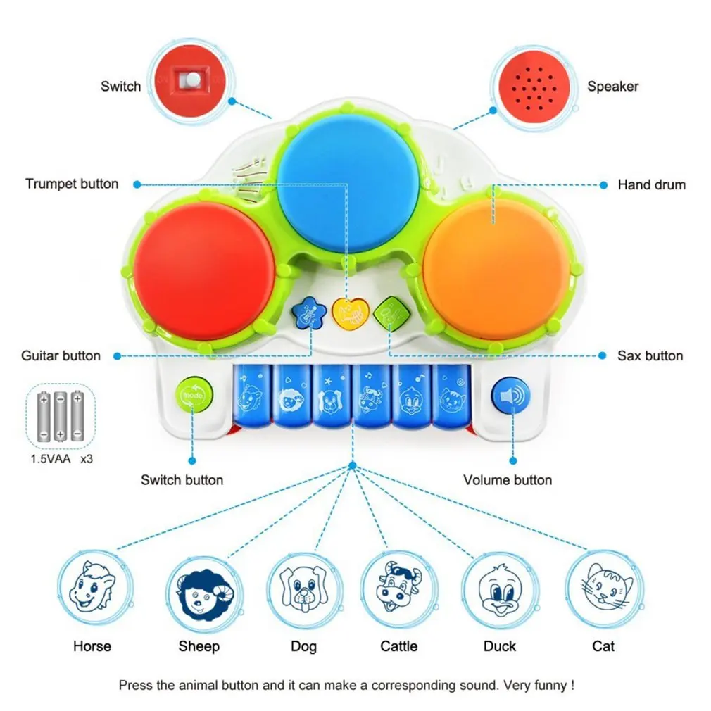 Электрический пианино ручной барабан два в одном музыка светящиеся дети ПЭТ барабан детские барабаны музыкальные игрушки подарки малышам клавиатура день рождения