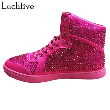 

Studded Crystals Ankle Boots For Women Round Toe Lace Up Winter Boots Runaway Low Heels Rose Red Short Boots For Women