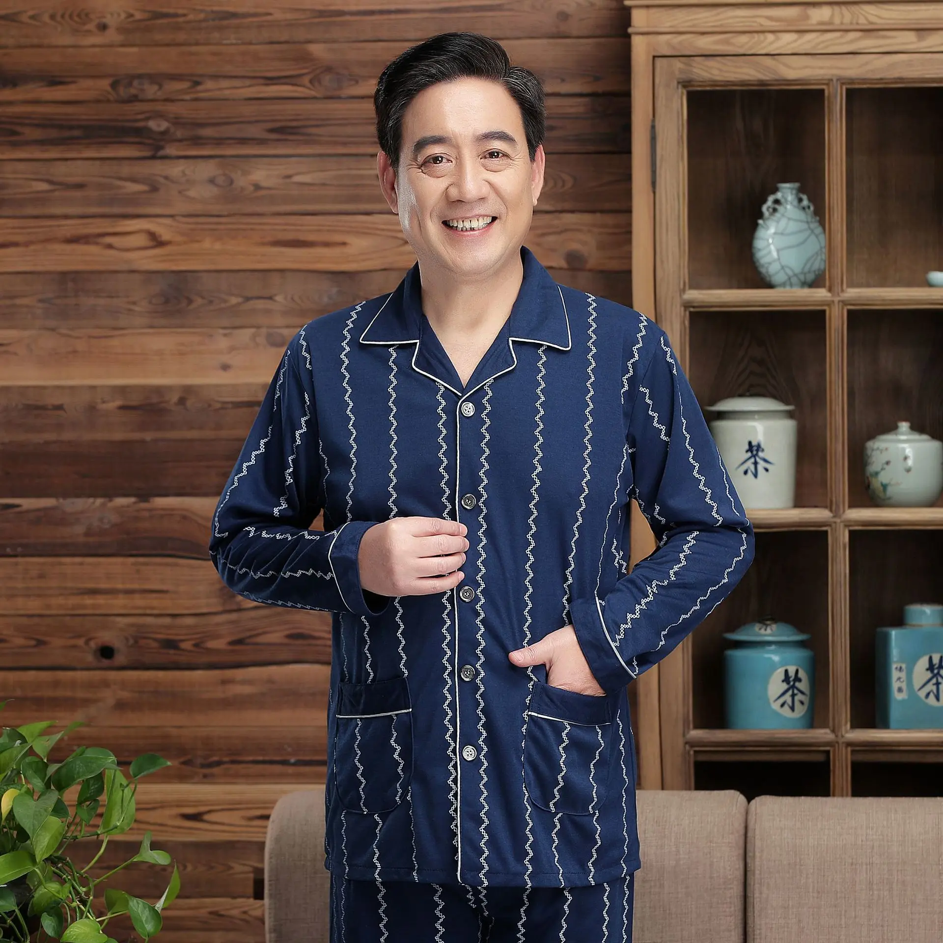 

Pajamas Men's Long Sleeve Pure Cotton Spring And Autumn Dad Large Size Thin Middle-aged Men's Homewear Set 628-46
