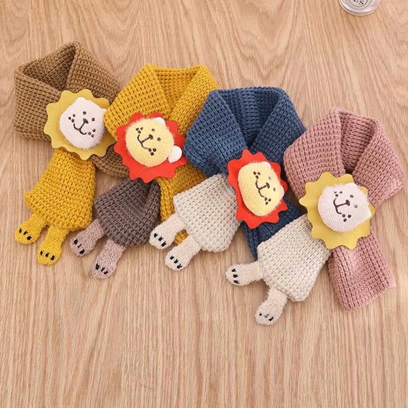 Kids Cartoon Knit Scarves Collar Thickening Scarf Baby Boys Girls Winter Knitted Clothes Cartoon Lions Shawls Scarves 66cm