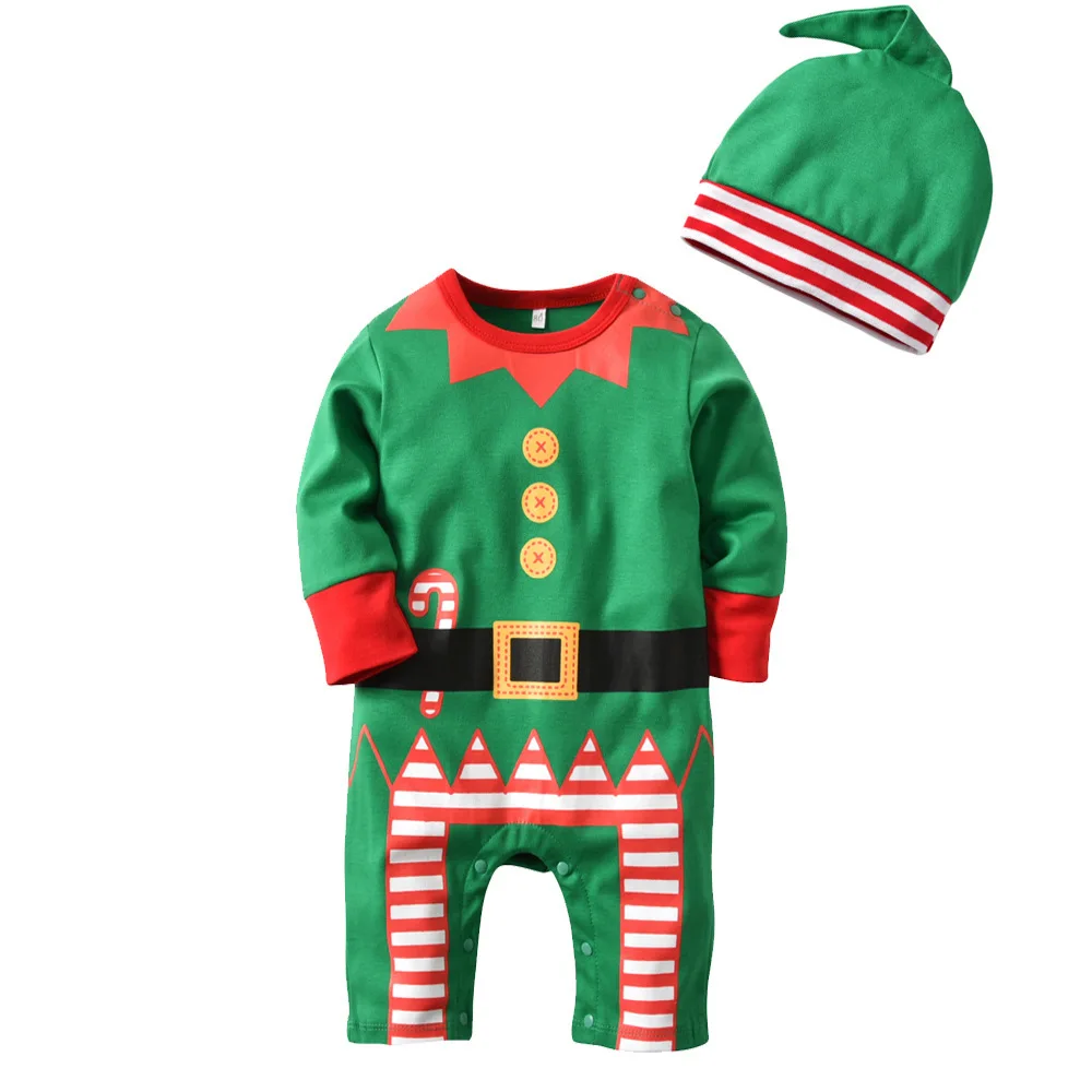 

Cross Border Childrenswear Autumn Pure Cotton Christmas Long-sleeve Jumpsuit Hat Two-Piece Set Green Modeling Baby Onesie