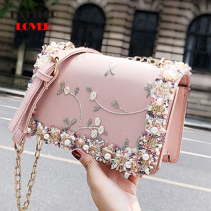 Lace Flowers Womens Bag 2019 New Handbag High Quality PU Leather Sweet Girl Square Bag Flower Pearl Chain Shoulder Messenger Bag