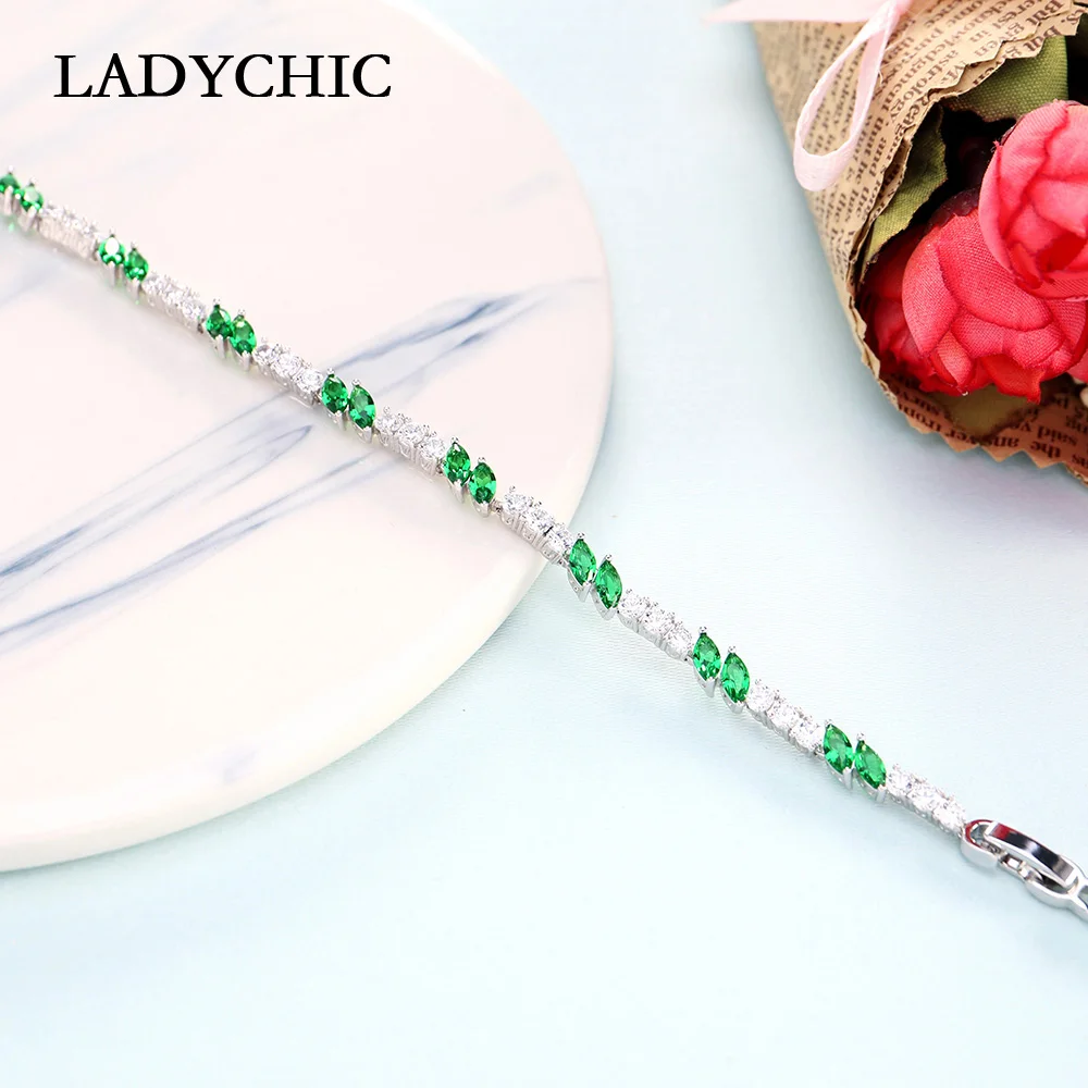 LADYCHIC Изысканный зеленый кристалл браслеты для женщин романтичный серебристый цвет браслет подарок на день рождения для подруги LB1007