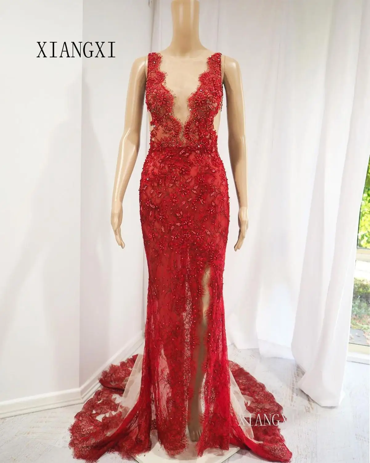 Vestidos красное вечернее платье Русалка с глубоким v-образным вырезом без рукавов с высоким разрезом прозрачные длинные вечерние платья Robe de soiree