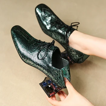 

INS Women pumps natural leather shoes plus size Symphony of snakes Europe and Americaladies shoes Step on the heel Plating heel