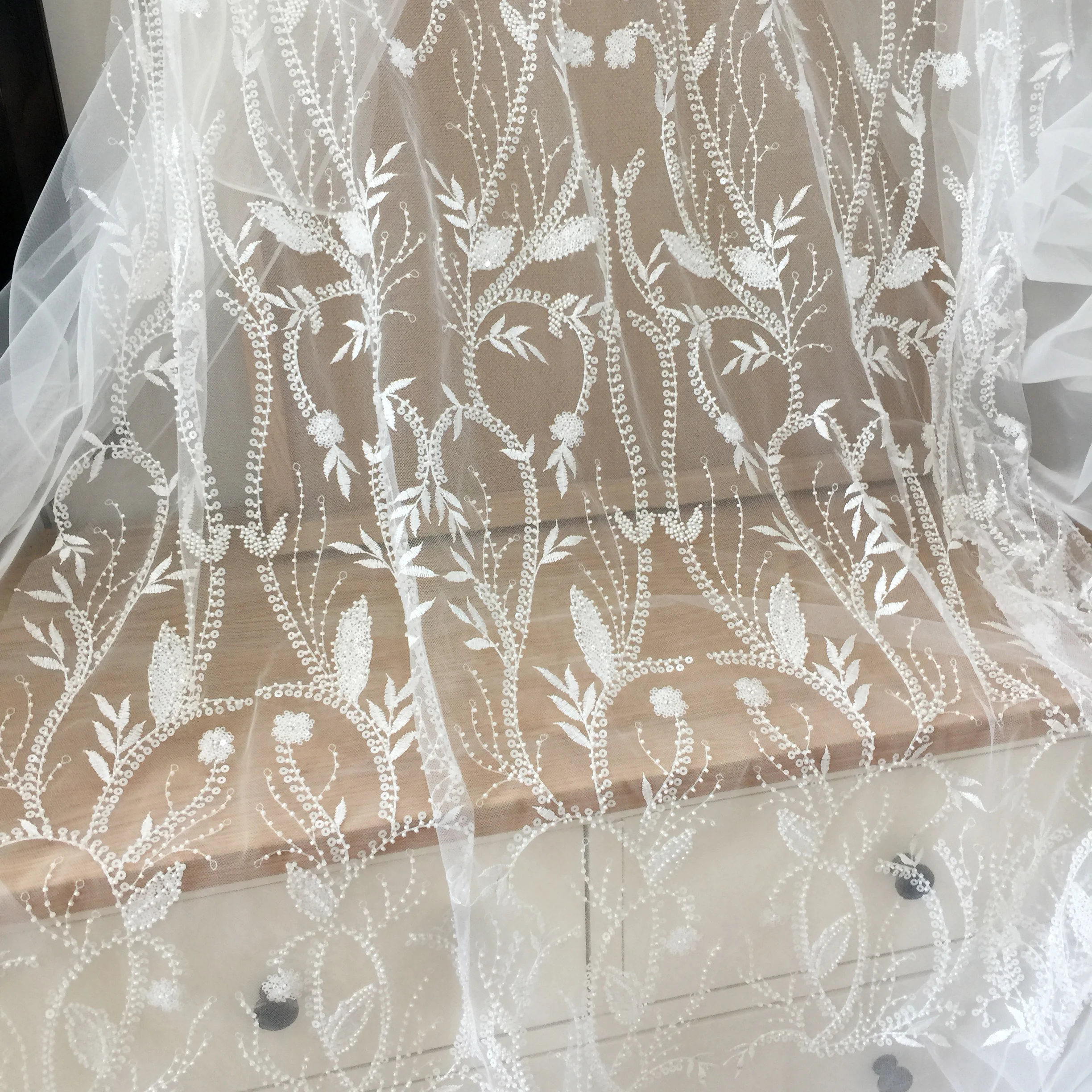 Delicate Off-white Leaf Pattern Lace Fabric by the Yard - OneYard