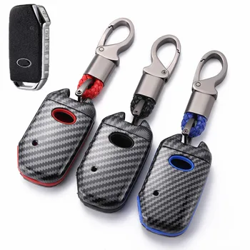 

WFMJ Carbon Fiber + Silicone Button 4 Buttons Key Fob Cover Case Shell for 2019 2020 Kia Soul Seltos Telluride Forte Sedan