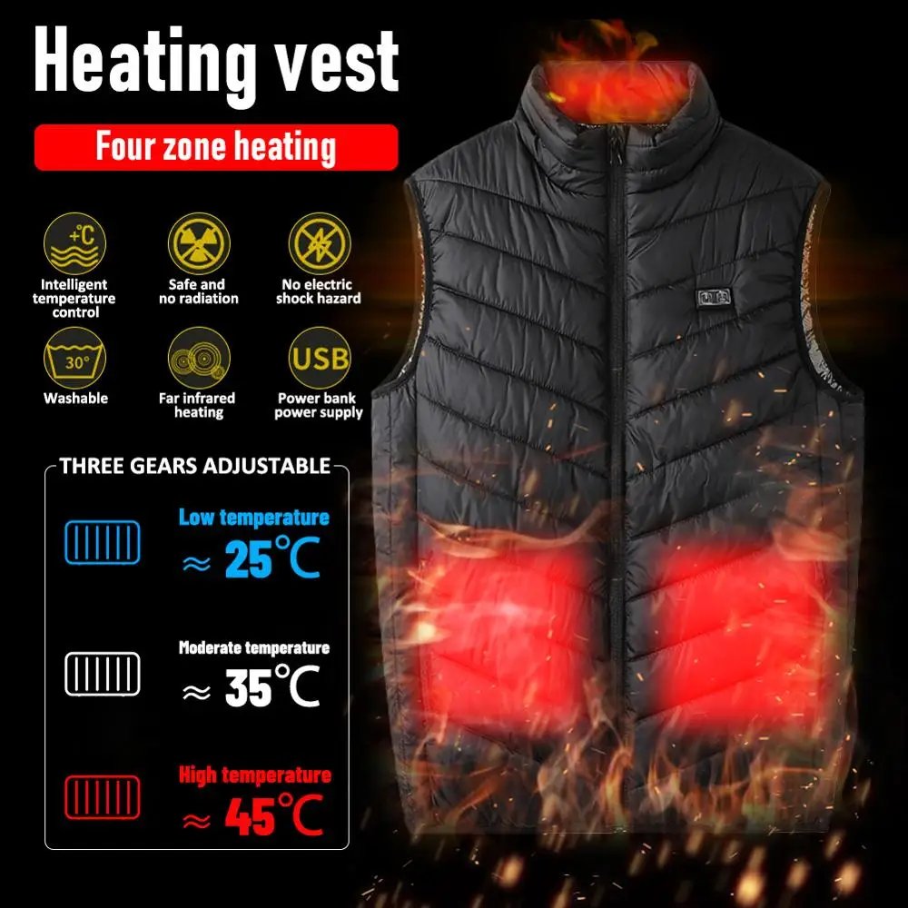 

4 Areas Heated Vest Men Electric Heating Vest Thermal Warm Heating Clothes Outdoor Fishing Hunting Vest Winter Usb Heated Jacket
