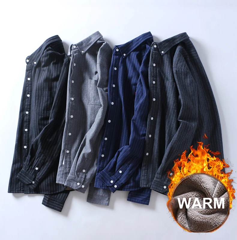 Schinteon Men Winter Warm Shirt Sanding Cotton Fleece Lining Flannel Bottoming Striped Shirt S-4XL Top Quality