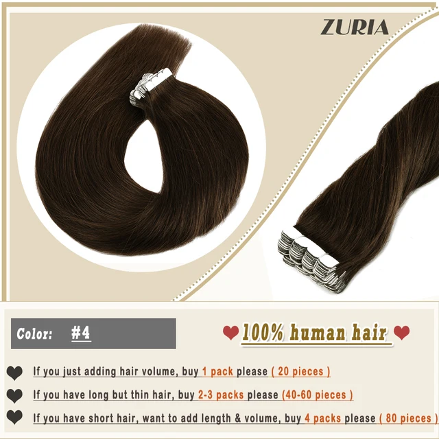 ZURIA Mini Tape In Hair Extensions Machine Remy Natural Hair Extensions Human Hair Straight 20 Inchs Seamless Adhesive Skin Weft #4