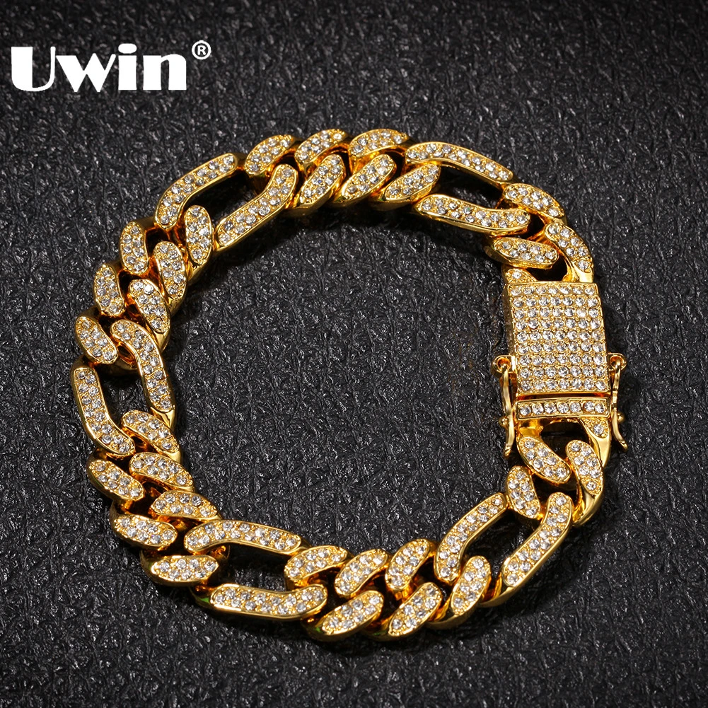 UWIN Iced браслет «Фигаро» 13 мм Bling кубинское звено со льдом Стразы хип-хоп мужской браслет модные ювелирные изделия