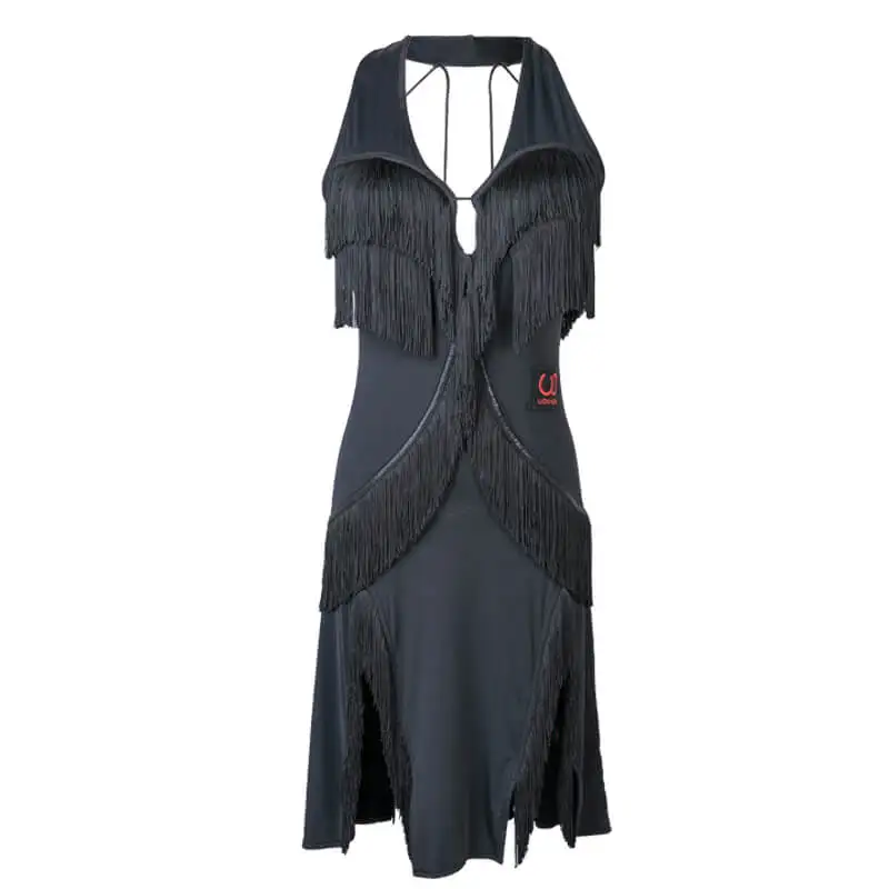 Black Dress Платья для латинских танцев, профессиональное сексуальное черное платье для танцев, платье с бахромой для выступлений, платье с бахромой для латинских танцев, платье на бретелях для соревнований, I125 - Цвет: Black Dress