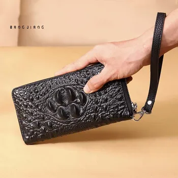 

Crocodile pattern mobile wallet men's long zipper leather top layer cowhide bill wallet business casual small clutch