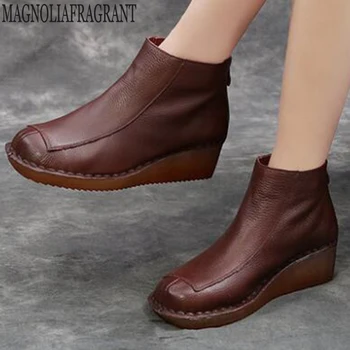 

Women Autumn Winter single boots Retro Ankle Boots Slip-on square Toe Genuine Leather Wedges Booties Casual woman shoes y419