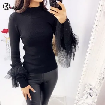 

Women Autumn Sweater Lace Stitching Solid Color Pullovers Slim Long-Sleeved O-neck Slim Bottom Sweater