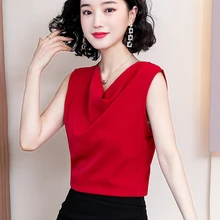 Korean Women Blouses Elegant Woman Satin Blouse Shirt Plus Size Tops Woman Sleeveless V Neck Blusas Mujer De Moda Camisas Mujer