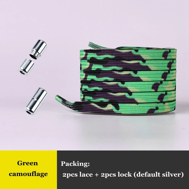 Elastic No Tie Shoelaces Colorful Flat Shoe laces Sneakers shoelace Metal Lock Lazy Laces for Kids Adult One size fits all shoes Green camouflage