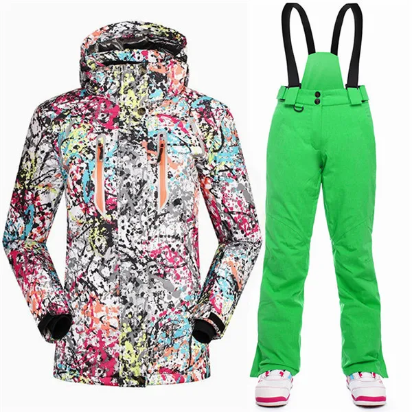 GREEN SET SAENSHING, Теплая Лыжная куртка+ ремень, штаны для сноуборда, водонепроницаемый лыжный костюм, женские костюмы для сноубординга, женские уличные зимние комплекты - Цвет: GREEN SET