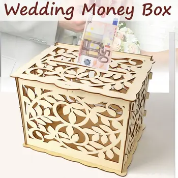 

New DIY Wedding Gift Card Box Wooden Money Box with Lock Beautiful Wedding Decoration Supplies for Birthday Party Storage Money