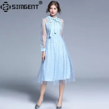 

Simgent Bow Dress New Fashion Elegant Office Women Embroidery Dot Mesh Midi Dress Vestidos Mujer Robe Femme Dropshipping SG99184