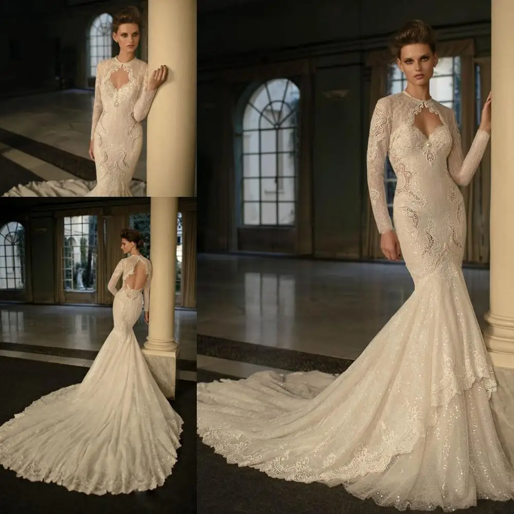 

Vintage Lace Wedding Dresses with Long Sleeves Jacket Appliques Sequins Mermaid Bridal Gowns Custom Made Sweep Train Robe