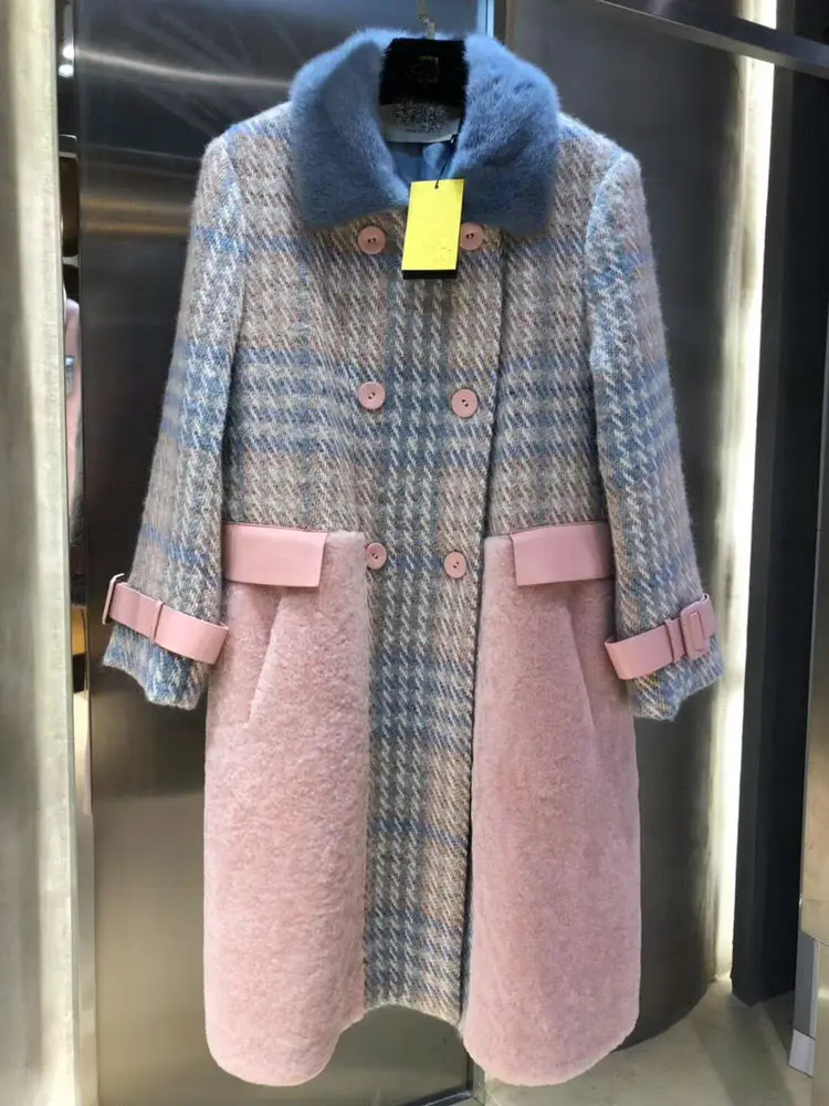

2019 New Multi-colors Patchwork Plaid Water Mink Wool Collar Long Women Coat Winter Double Breasted