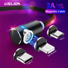USLION 2m 3A Магнитный usb-кабель для быстрой зарядки для iPhone 11 Pro Android шнур для телефона type C кабель магнитное зарядное устройство Micro USB кабель