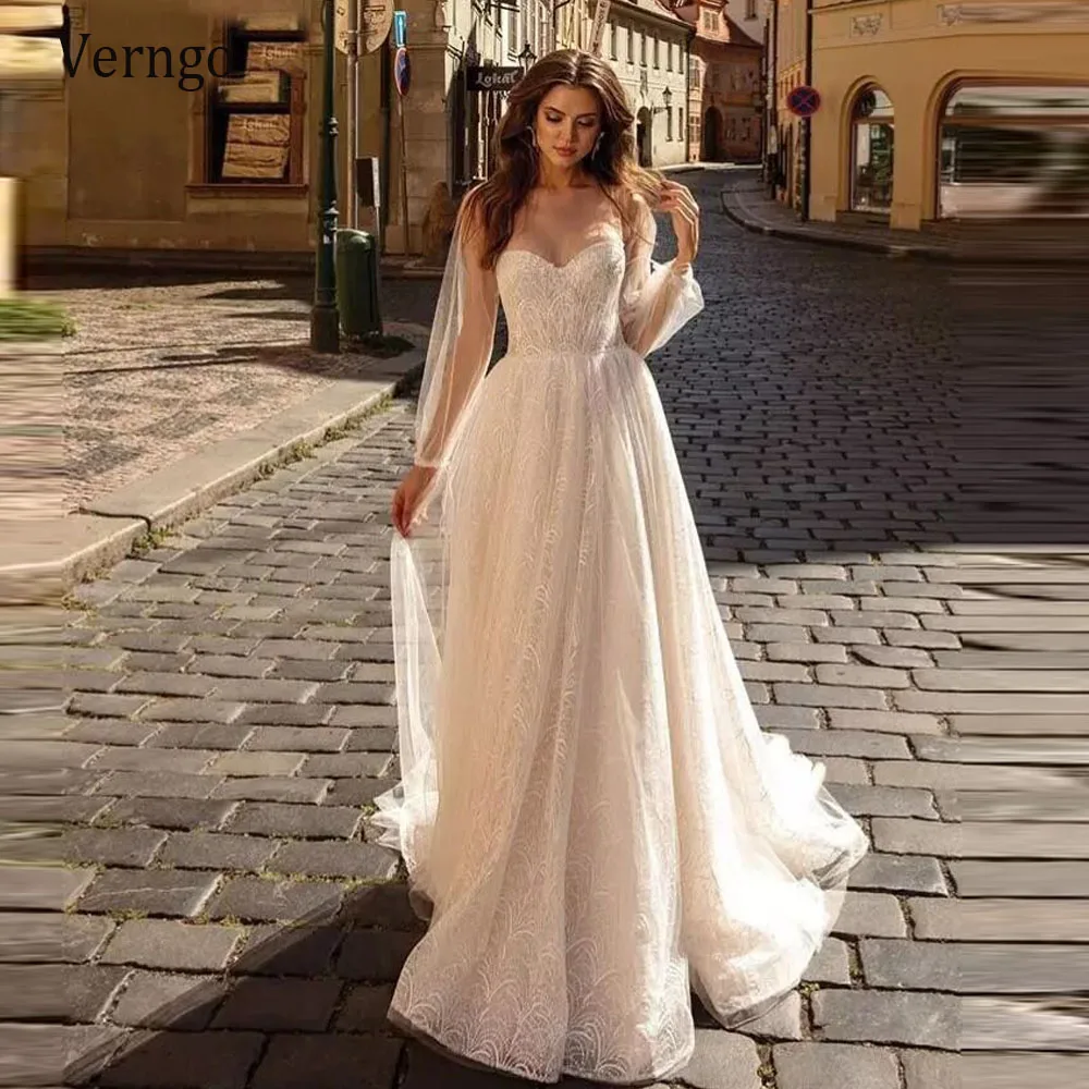 

Verngo New Princess Puff Sleeves A Line Wedding Dress Lace Bridal Gowns Lace Up Back Elegant 2021 Robe de mariage