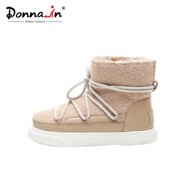 

Donna-in Cow Leather Waterproof Women Snow Boots Wool Blend Keep Warm Ankle Boots Low Heels Lace Up New 2020 Winter Flat Shoes