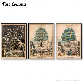 

Vintage Poster The tree of Death The Sinner Devil Watering Tree of Sins Skeleton Chop Down Wall Art Canvas Print Picture Decor