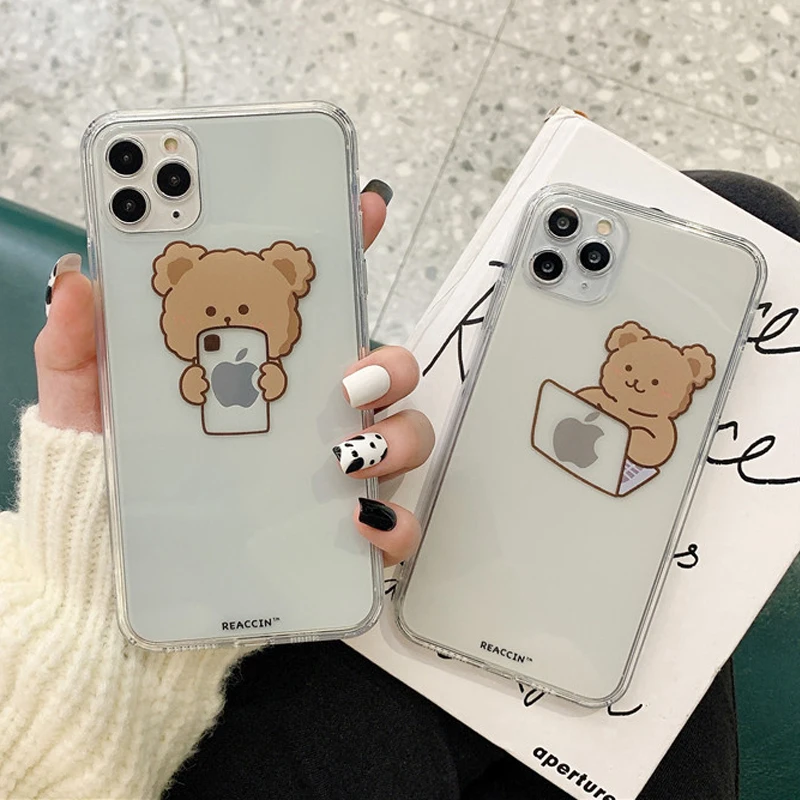 Cartoon Bear Phone Case For iPhone 12 Mini 11 Pro Max XR XS Max 7 8 Plus X Soft TPU Cute Letters Clear Back Cover Coque L-10